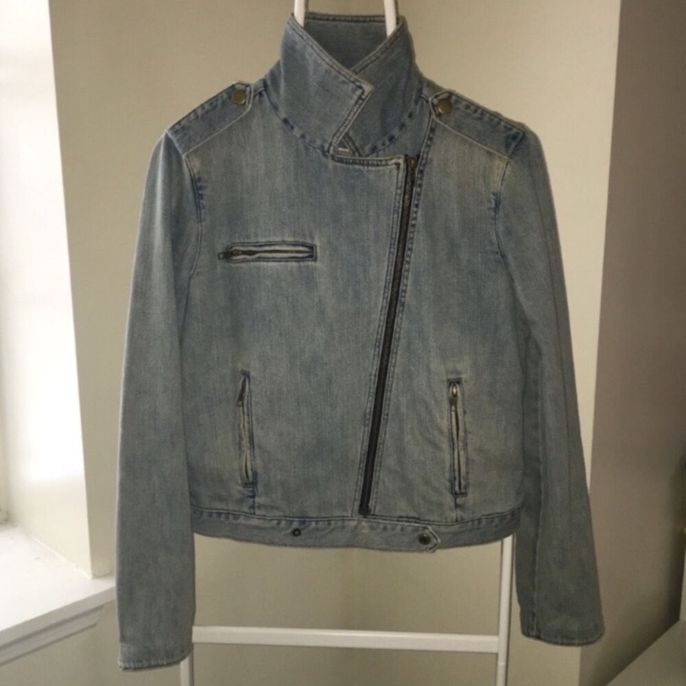 Gap 1969 jean jacket, distressed, size large